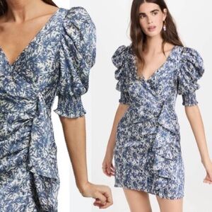 cinq a sept Lucinda Satin Floral Printed Puff Sleeve Ruffle Mini Dress Size 12